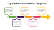 Four-step business template with circular icons for business, process, target, and growth, linked to descriptive text.