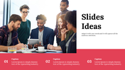 Creative team discussion slide with photo on top, bold black title text, and three-step caption section in red at the bottom.