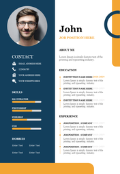 Minimalist resume template with a profile photo, contact details, skills, education, and experience sections.