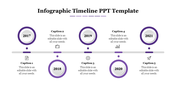 Infographic timeline PPT template with purple circular milestones from 2017 to 2021 with captions and placeholder text.