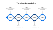Timeline slide with a sequence of five connected blue and white circles, each labeled 20XX and paired with captions.