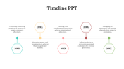 A horizontal timeline featuring five steps, each labeled with a task in teal, orange, red, and green, with placeholders.