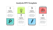 Slide featuring icons representing analysis elements magnifying glass, light bulb, pencil, and money with placeholder text.