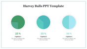 Harvey balls template with three circular charts in green, teal, and blue shades, labeled with percentages and captions.