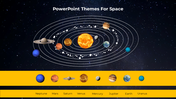 Solar system model with planets orbiting the sun, displayed against a starry sky, with icons listed below in a yellow bar.