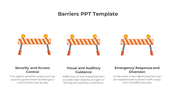 Three striped traffic barriers with warning lights, each with captions about security, guidance, and emergency response.