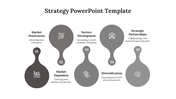 Strategy template with five connected droplet style elements in grayscale, each showing an icon and number from 01 to 05.