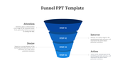 Blue funnel diagram with four stacked steps labeled Step 01 to Step 04, each linked to captions from attention to action.