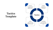 Blue tactics PowerPoint template illustrating business, military, sports, and marketing strategies in a circular diagram.