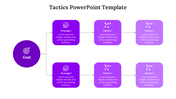 Horizontal flowchart with a purple Goal icon leading to two parallel rows of violet strategy and light purple tactics boxes.