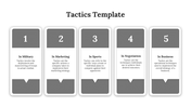 Tactics template with five gray rectangular shapes, each containing a number and label, aligned in a row.