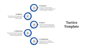 Infographic with five vertically stacked circles, each representing a tactic type like Business or Sports with text.