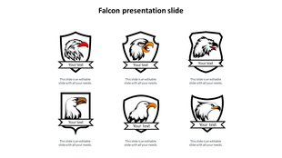 Falcon presentation slide featuring six shield shaped emblems of falcon heads, each with a text banner below.