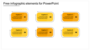 Infographic slide with six orange boxes, each with caption areas for text, arranged  in a clear layout.