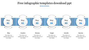 Infographic PPT template showing six steps with a blue striped background for each step with placeholder text.