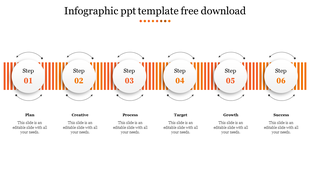 Horizontal six step infographic with circular numbered sections over orange striped background, connected by curved arrows.