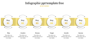Six step infographic with white circular elements on a yellow striped background, showing a process from plan to success.