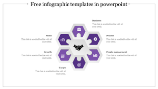 Infographic slide with six purple hexagonal sections with icons from business to profit with placeholder text.