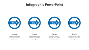 Blue themed infographic with four numbered arrows inside circles, illustrating sequential steps.