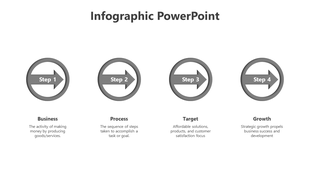 Infographic with four steps, each shown as gray arrows in circles, covering stages like business, and growth.