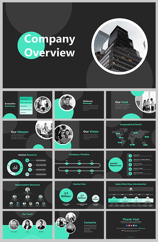 Slide pack with black and green accents, showing company informations of geographical reach, market research, and timeline.