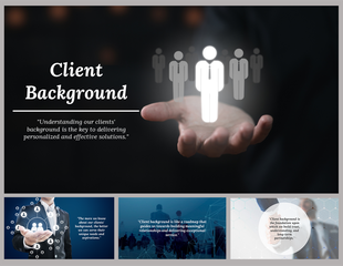 Client background slide deck with a dark theme, using visuals of human figures to represent personalized client solutions.