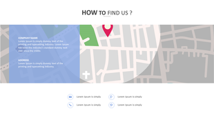 How to find us slide featuring a city map with a red pin, a blue company info section, and social media contact icons below.