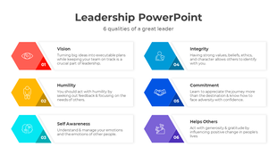 Leadership slide displaying six qualities of a great leader, with hexagonal icons from Vision to Helps Others.