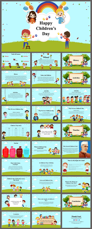 Children's day presentation slide deck featuring colorful illustrations of kids, activities, and historical information.