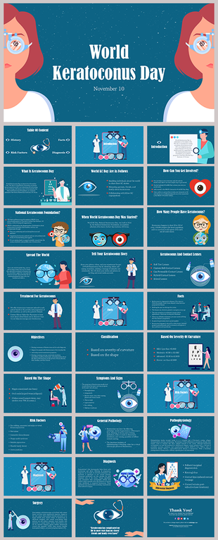 Educational slide deck for world keratoconus day featuring eye health visuals and key information sections.