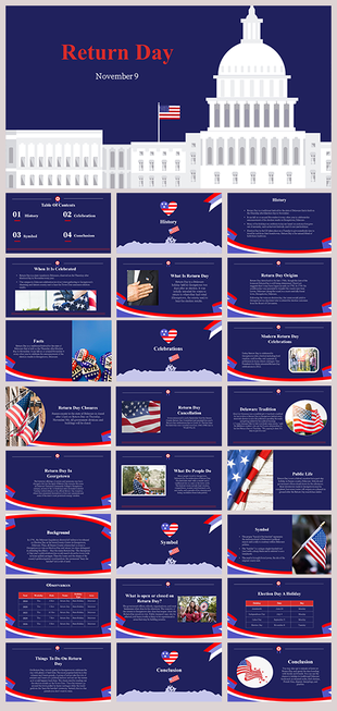 Return day presentation slides with information about its origins, celebrations, and facts about the holiday on a blue theme.