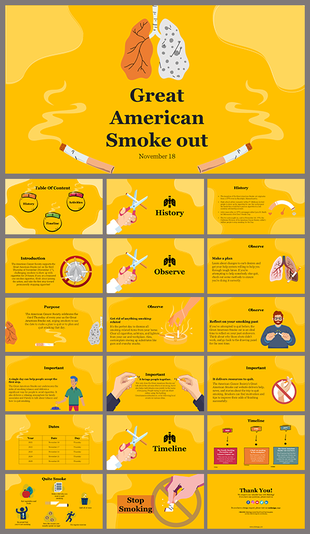 Slide deck with a yellow theme focused on the great American smokeout, featuring illustrations of lungs and cigarettes.