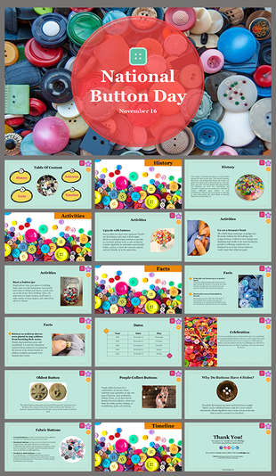 National button day slides featuring vibrant button images, history, fun facts, and creative activities, on green backdrop.