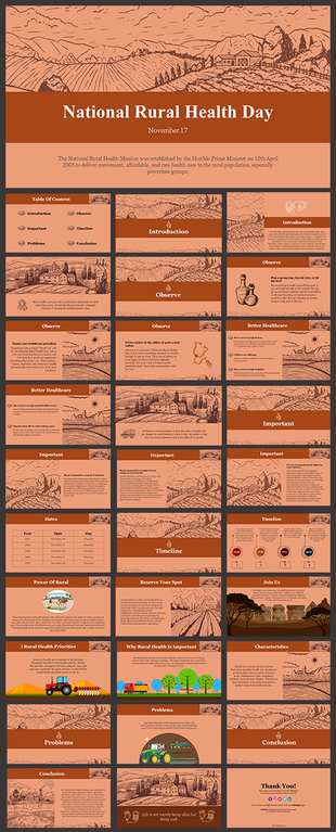 Slide deck with brown themed hand drawn illustrations of rural landscapes, highlighting healthcare in rural areas.
