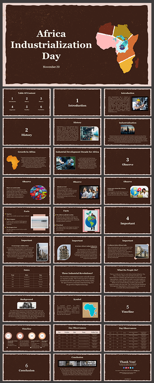 Africa Industrialization Day presentation with brown theme, Africa map graphic, photos, timelines, and industrial icons.