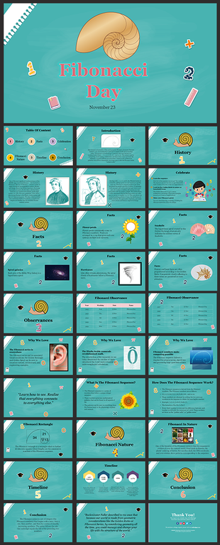 Fibonacci day slides feature a colorful design with a nautilus shell, covering history, facts, and observations.