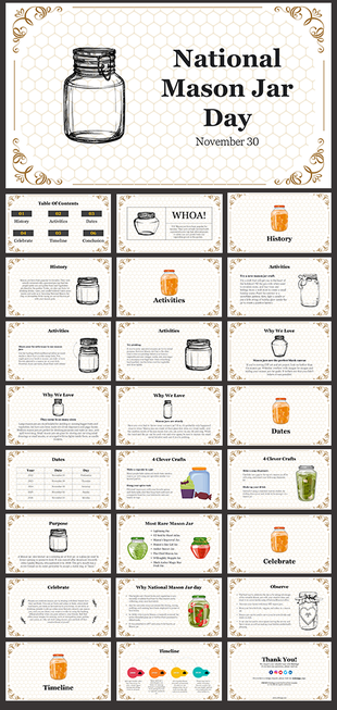 Slide deck for national mason jar day featuring decorative mason jar illustrations, honeycomb background pattern.