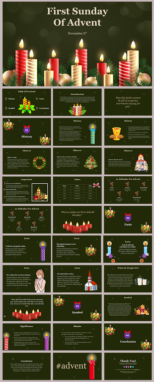 Multi-slide design for first Sunday of advent, showcasing candles, wreaths, and religious symbols.
