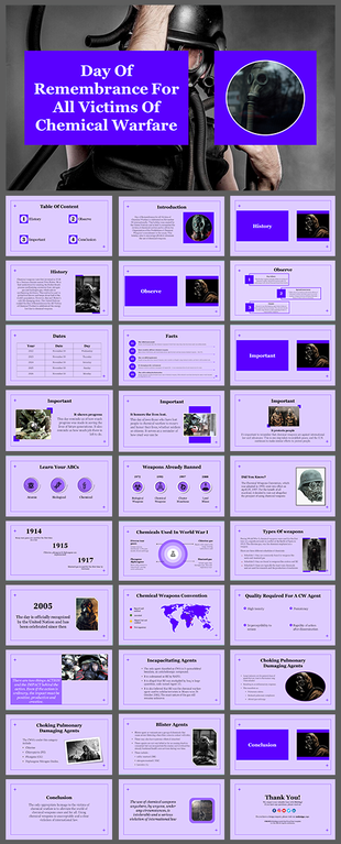 Slide deck discussing chemical warfare victims, history, facts, and conventions with purple visuals and icons.