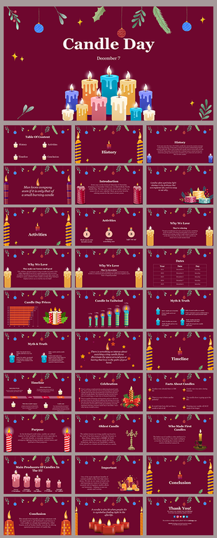 Candle day slides featuring colorful candles with drips of wax, set against a burgundy background with holiday decorations.