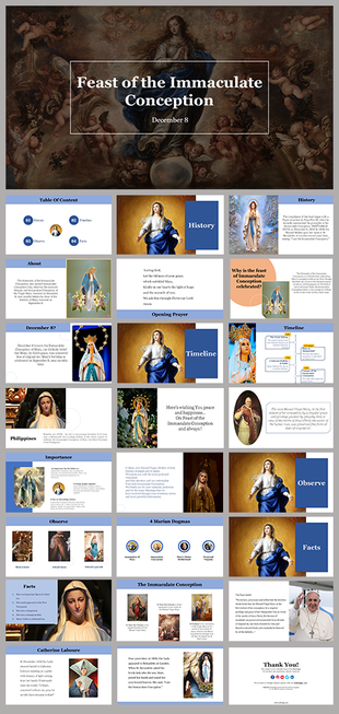 Presentation slides focused on the Feast of the Immaculate Conception, with many sections and images with descriptions.