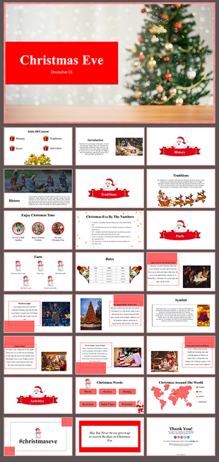 Slides celebrating Christmas Eve, featuring history, traditions, activities, and global celebrations with holiday visuals.