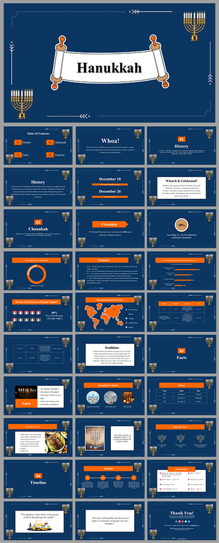 A pack of Hanukkah themed slides featuring menorah illustrations with various layout designs and text on a dark blue theme.