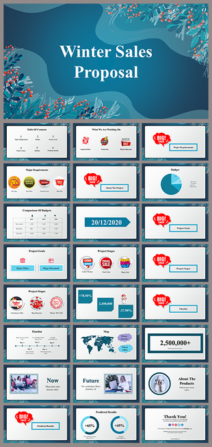 Winter Sales Proposal presentation with blue foliage design, sale icons, charts, timeline, maps, and product visuals.