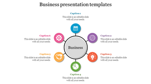 Business infographic with six colorful icons representing calendar, globe, handshake, lightbulb, gear, and chart.