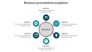 Circular layout with a central business node, six blue icons radiating outwards, and captions around it.