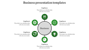Business template with six green icons linked to a central grey circle, showing symbols like a calendar, gear, and light bulb.