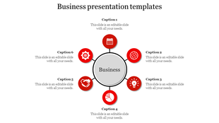 Central grey circle labeled with business, connected to six red icons in a radial layout with text descriptions.