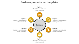 PowerPoint template with a central Business hub and six surrounding captions with icons.