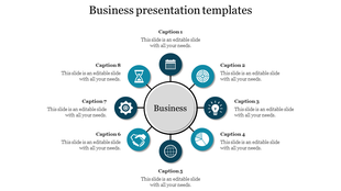 Business presentation slide with eight sections around a central circle, each featuring an icon and caption.